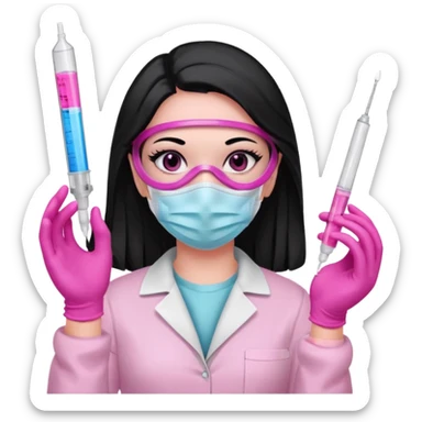 laboratorista con guantes rosa y mascarilla rosa  jeringa tubo laboratorio sin lentes  y  ojos negros cabello largo negro color ojos oscuro sticker