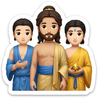 Create a Jesus, Krishna, and Buddha standing together. Buddha: warm golden or light tan skin, dark curled hair with a traditional top bun (ushnisha), half-closed meditative eyes

 sticker