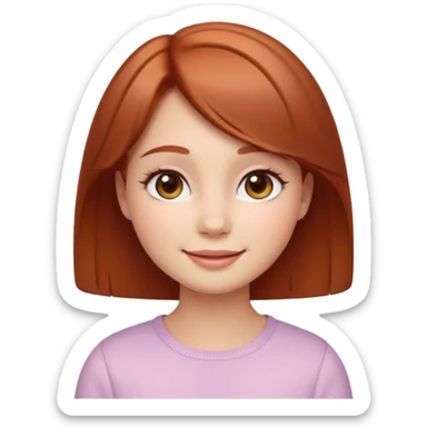 “Cute girly emoji portrait, warm friendly smile, short auburn hair with soft shine, rounded facial features, pastel color palette, subtle blush on cheeks, simplified facial details, soft gradient shading, cozy and feminine emoji style, clean light background. sticker