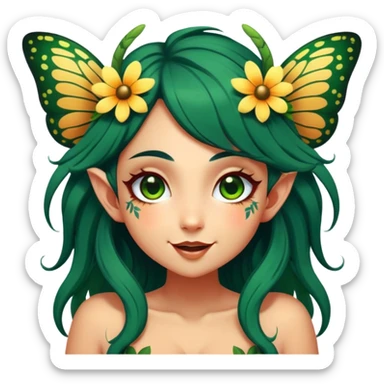 Cinematic Realistic Forest Fairy Portrait, head tilted dramatically with an exaggeratedly amused expression, featuring a striking, nature-infused form with glowing, sun-kissed tanned skin and vividly detailed dark green hair adorned with floral accents. Her expressive eyes brim with playful forest mischief, rendered with vibrant, lifelike textures and dynamic dappled lighting that conveys a spirited, over‐the‐top woodland whimsy showing her large butterfly wings from her back. sticker