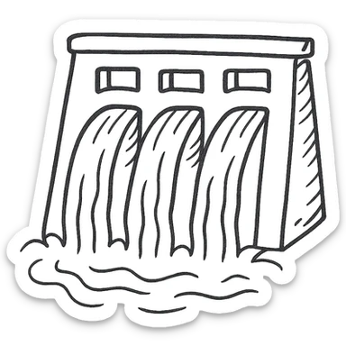 hand drawn outlined dam with water flowing icon sticker