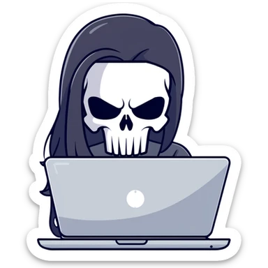 girl Punisher skull with straight long black hair typing on laptop sticker