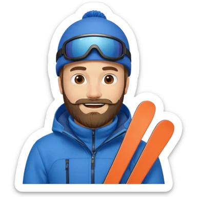 bearded man skiing, blue outfit, smiling sticker