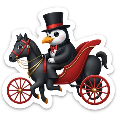 A penguin dressed as dracula riding a 3 horse carriage sticker