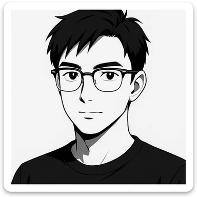 Create a half portrait in black and white anime style of an Asian male age 25, wearing Ray-Ban half frame glasses and a black t-shirt. Maintain the anime aesthetic with clear facial features and the specified accessories. sticker
