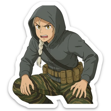 1 female, mid-20's  white hair long braid, gold yellow eyes, gray waterproof tactical shirt hoodie, hood up, single point sling, tan mag pouches on belt rig, tiger stripe camo pants, crouching, angry expression sticker