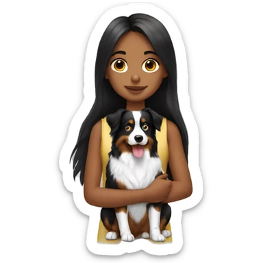 a girl with long black hair holding an Australian shepherd sticker