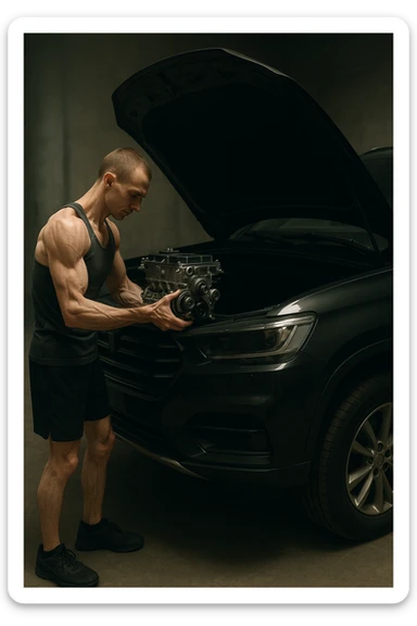 a lean, slimmed-down bodybuilder in gym clothes stands beside a large, imposing car (like an SUV or luxury sedan) with the hood open. Con attenzione e un po’ di fatica, solleva e installa un piccolo motore nel grande vano motore dell’auto. Il contrasto tra la stazza dell’auto e la dimensione ridotta sia del motore che del bodybuilder è evidente. L’atmosfera è riflessiva e simbolica. sticker