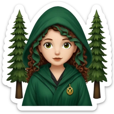 A white woman, a little thicker, with long dark auburn hair robed and hooded like she's a Traitor in the tv show The Traitors. her hair is mostly curly (kinda frizzy, not clean curls) and the robe is a dark dark forest green green sticker