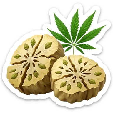 slices of white truffle with cannabis leaf sticker