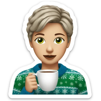 Light brown short haired girl with green eyes drinking coffee wearing blue Christmas sweater sticker