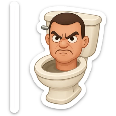 Create an image in the style of apple emojis of a toilet with a cartoonish, exaggerated head emerging from the bowl, looking angry with furrowed brows and a scowl. Use a transparent background. sticker