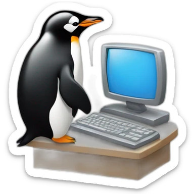 a penguin typing on a computer sticker