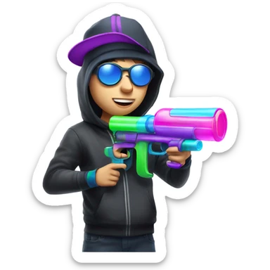 Caucasian boy in rave gear with mask and hat and shooting a bubble gun sticker