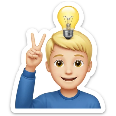 A boy with smily face with victory sign and bulb is glowing above face sticker