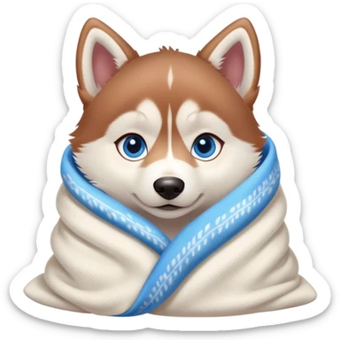 kawaii disney red siberia husky puppy with blue eyes, cozy in a blanket sticker