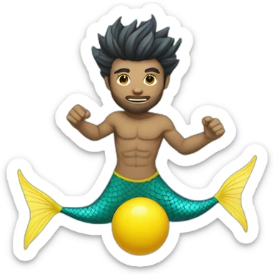 Underwater man mermaid swimming with fins, snorkel equipement, holding a small yellow ball, looking strong and fighting sticker