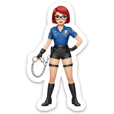 Capelli corti rossi a caschetto
Abbigliamento sexy da agente di polizia
Camicia sbottonata 
Pantaloncini aderenti in pelle
Calze al ginocchio sensuali
Manette in mano 
Stivaletti lucidi neri
Guanti corti di pelle
Occhiali scuri
Cinturone alla vita sensuale
Sguardo seducente  sticker