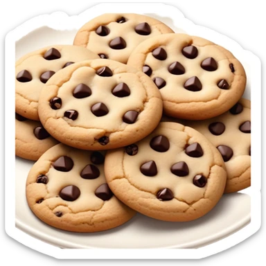 Cinematic Realistic Cookies Dessert Emoji, showcasing a plate of freshly baked cookies with gooey chocolate chips rendered with lifelike textures and warm, homey lighting. sticker