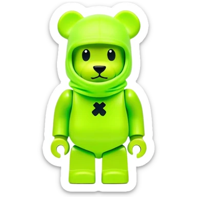 bearbrick toy wearing a neon lime green balaclava with a small black logo sticker