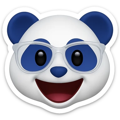 Make the panda's white designer glasses translucent and give the panda a big open-mouthed smile, keeping the playful 3D emoji look with white and #002FA7 blue coloring. Remove the background. sticker