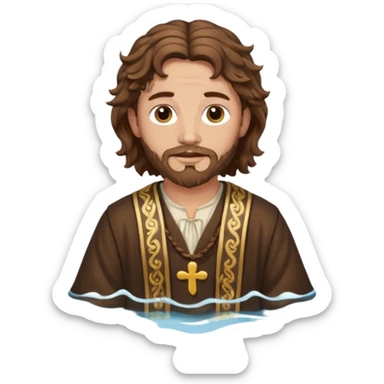 John the Baptist with wavy hair, traditional saint clothes, in water, emoji style sticker