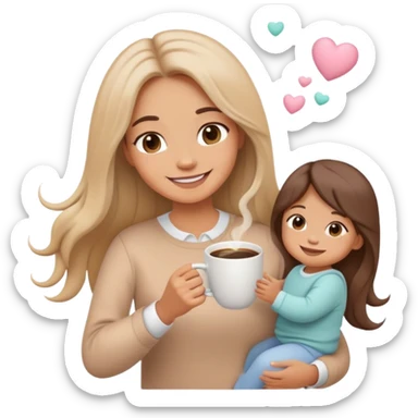 A cute cartoon-style emoji of a smiling woman with long hair juggling a toddler, a baby, and a cup of coffee, soft pastel colors, minimalistic design, perfect for Instagram stories sticker