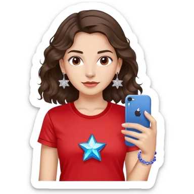 brunette girl with wavy medium length hair, brown eyes, light/medium skin tone, holding iPhone and light phone, wearing red Adidas t-shirt, small silver hoop earrings with blue gem stars, and a different colorful beaded charm necklace sticker