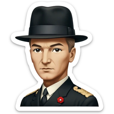 ​Cinematic Realistic Portrait of a Young Mustafa Kemal Atatürk, depicted in his iconic tall black hat and traditional attire with a confident, visionary expression, rendered with rich historical textures and warm, inspiring lighting that captures his youthful dynamism and transformative leadership, sticker