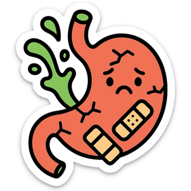 cartoon icon of a stomach character with cracks or holes, sad face, acid splashes, bandages, cute but informative medical style sticker