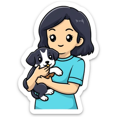 black haired woman holding a puppy sticker