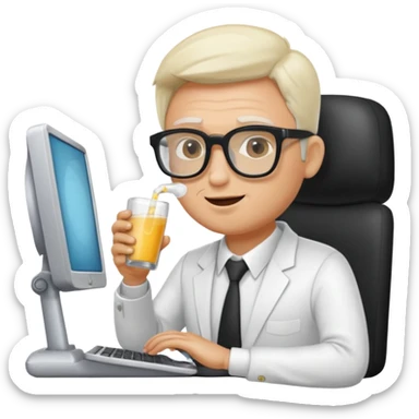 Hombre blanco con gafas tomando un refresco frente a un ordenador sticker