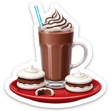 A glass of chocolate milk sits on a red saucer surrounded by chocolate cookies and sugar meringues. sticker