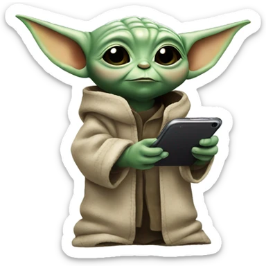 Baby Yoda is holding a smartphone, checking construction plans sticker