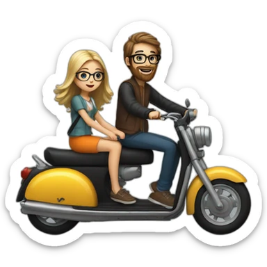 long hair boy with beard and spectacles and girl riding on black scooter sticker