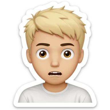 Male Teenager with Short buzz, messy blonde hair, Dark brown bushy eyebrows large expressive golden-brown eyes, wearing a plain white t-shirt, Dark Brown skin color, Confused mouth gape showing teeth sticker