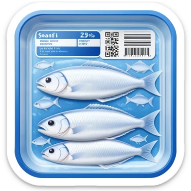 A clear vacuum-sealed plastic tray containing neatly arranged white fish fillets, covered with a thin layer of frost. The package has a blue and white label with product details and barcode. Set in a supermarket freezer shelf among other seafood packs, realistic lighting and texture. sticker
