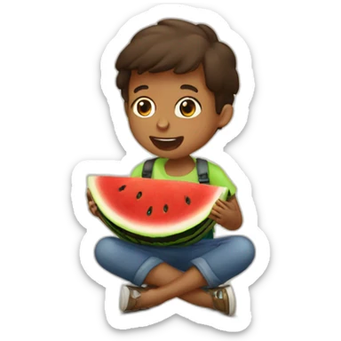 brown hungry kid eating a watermelon sticker