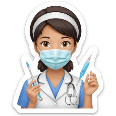 a modern day asian woman nurse holding a vaccination needle sticker