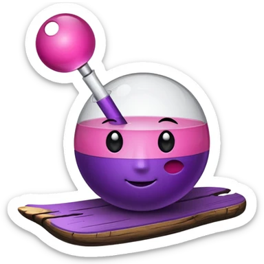 A half pink half purple ball with a face wooden stem followed by a glass stem on top of the wood stem tilted 90 degrees sticker