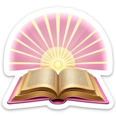 An open pink book with glowing light rays emerging from its pages, magical atmosphere, sticker