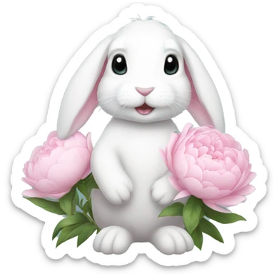 cute white bunny holding light pink peonies sticker