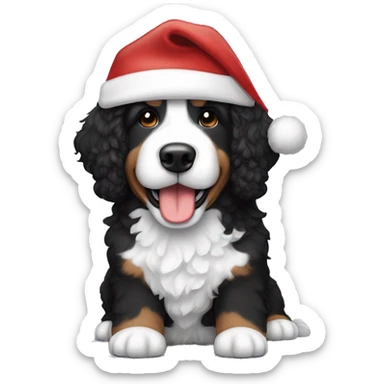 Black and whit bernedoodle wearing Santa hat sticker