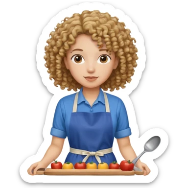 person with curly hair in blue apron sticker