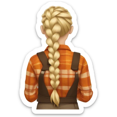 Woman with her back turned with blonde hair braided wearing a brown and orange flannel sticker