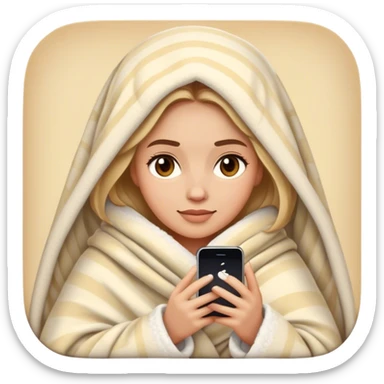 realistic modern woman in cozy blanket with iPhone, modern iPhone style emoji sticker