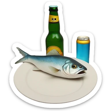 A fish on a plate next to two bottles of beer ￼ sticker