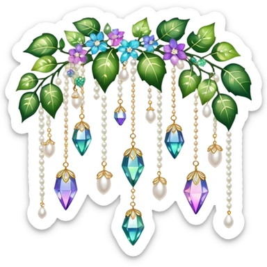Exotic romantic Few cute tiny Iridescent glistening glossy sparkly shiny glittery hanging crystals pearls and beads and gemstones scenery scenic decorations with ivy and flowers sticker