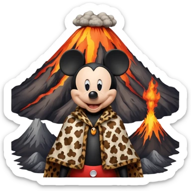 a mickey mouse wearing ancient animal skin cloth with volcano behind, half body, icon sticker