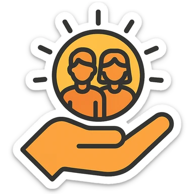 open hand holding a sun with young people silhouettes, hope and support, minimal design, warm yellow and orange tones, empowering futures of the youth sticker